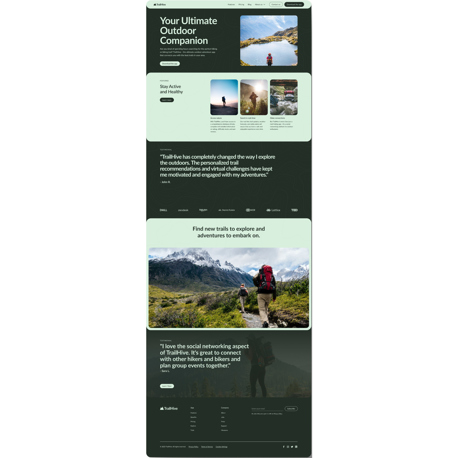 TrailHive full homepage — hero, features, testimonials, brand logos, exploration band and footer