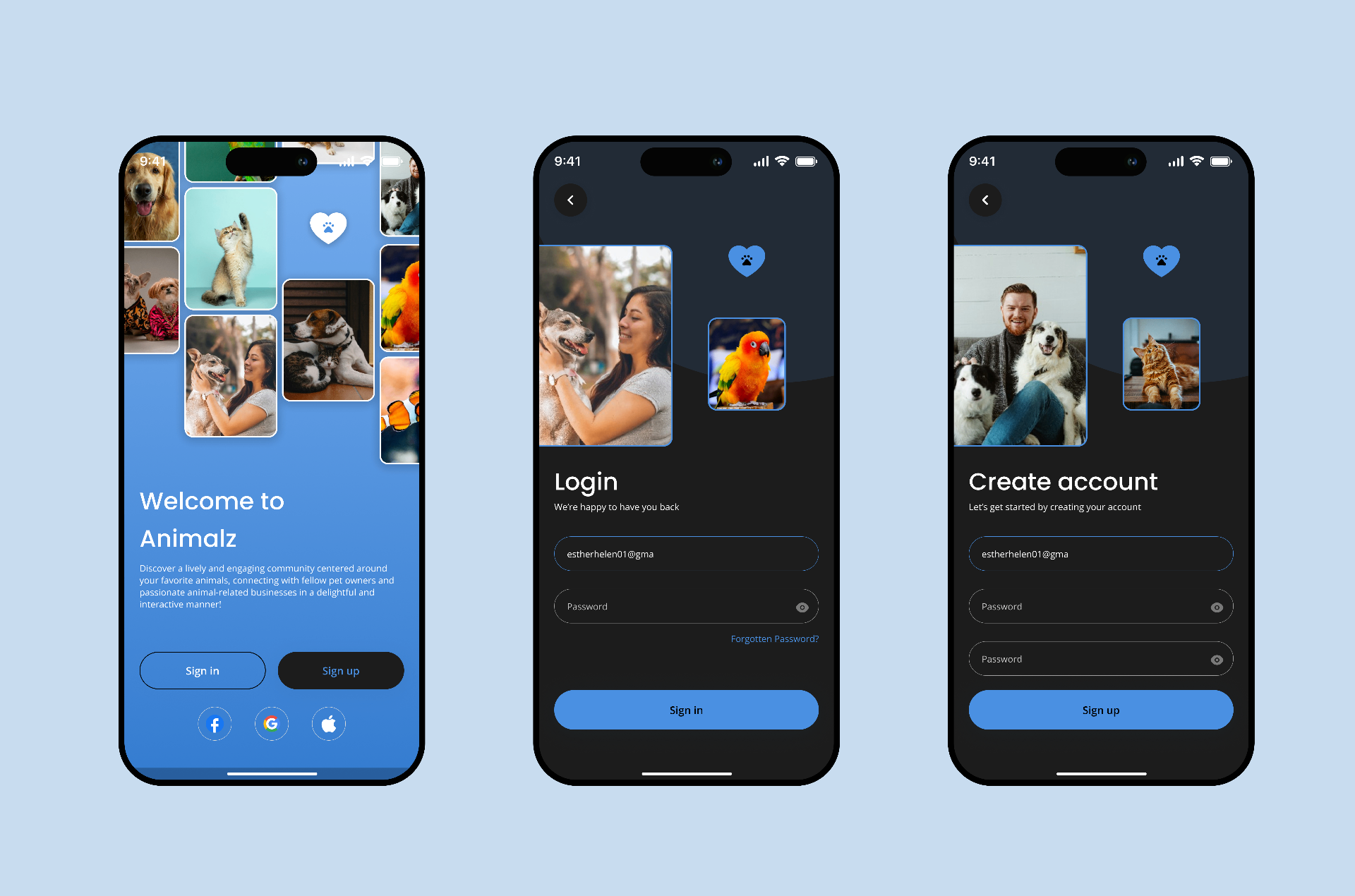 Animalz welcome, login and create account screens