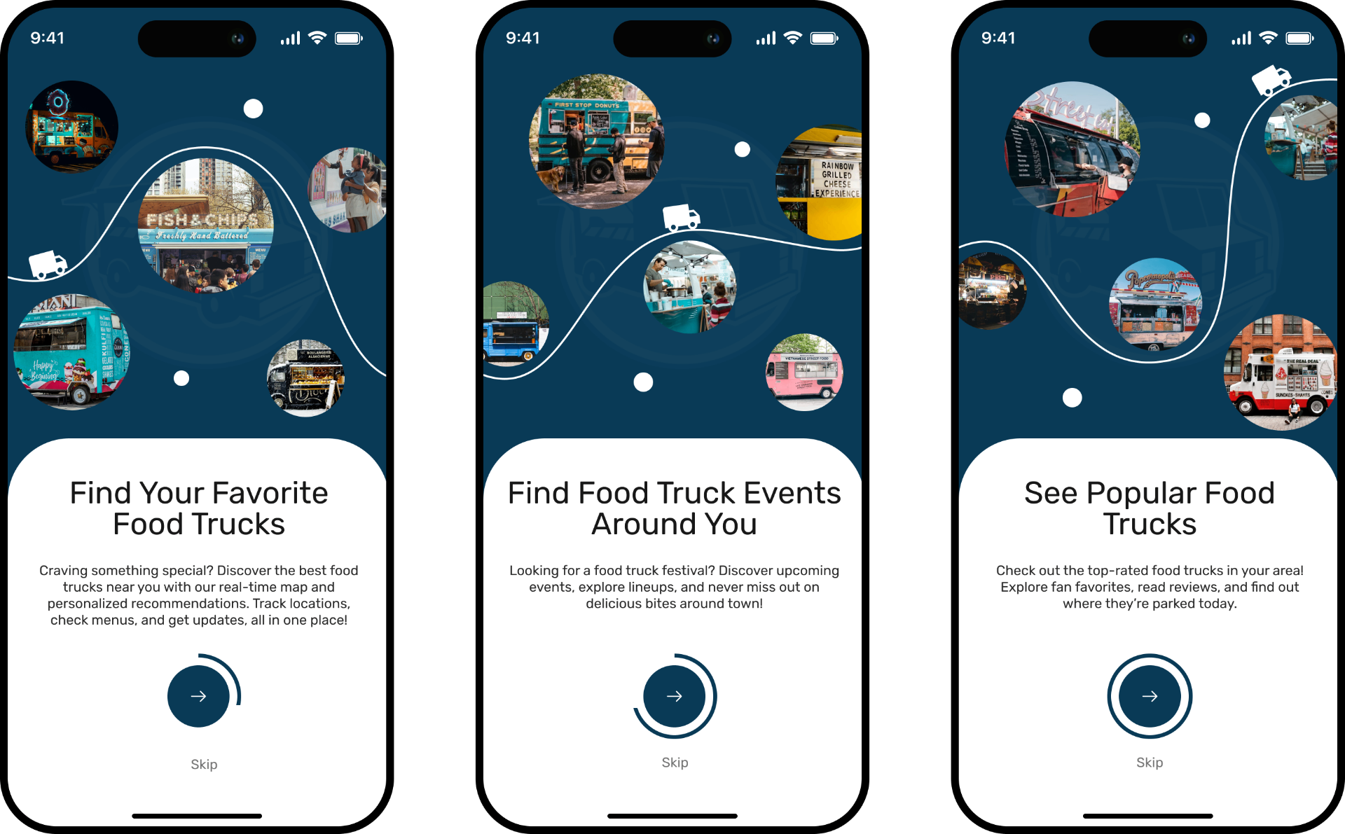 Three onboarding screens for the Food Truck Express mobile app showing discovery, events and popular trucks