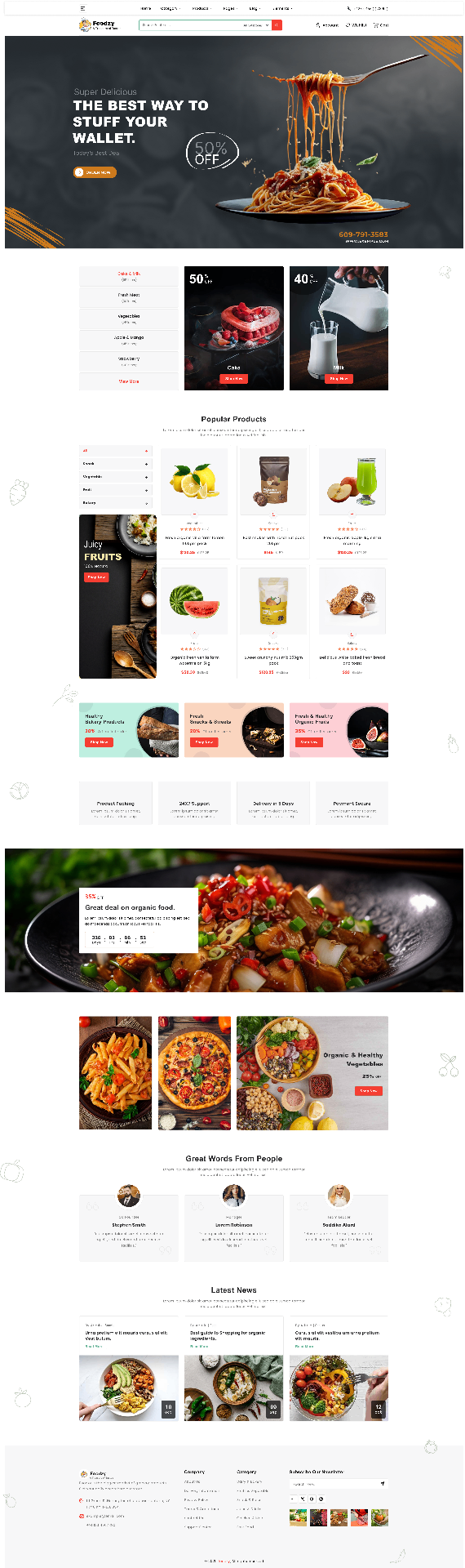 Foodzy full homepage — hero, categories, popular products, lifestyle banners, testimonials and footer