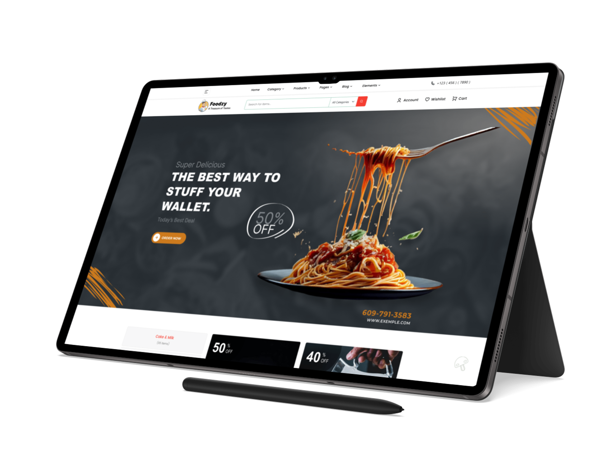 Foodzy homepage shown on a Galaxy Tab — bold hero with a 50% off deal and category cards